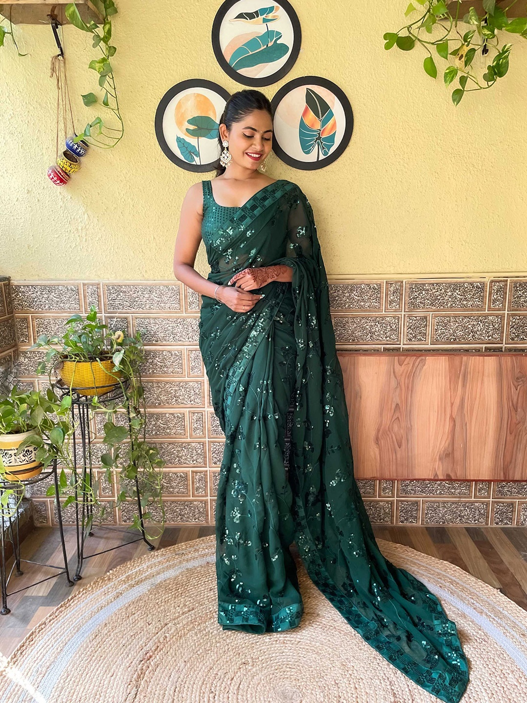 

Mitera Green Embellished Sequinned Saree