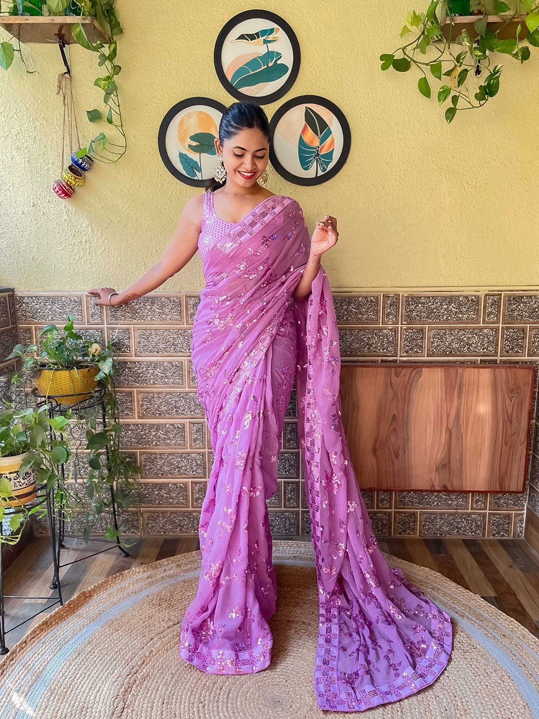 

Mitera Purple Embellished Sequinned Saree