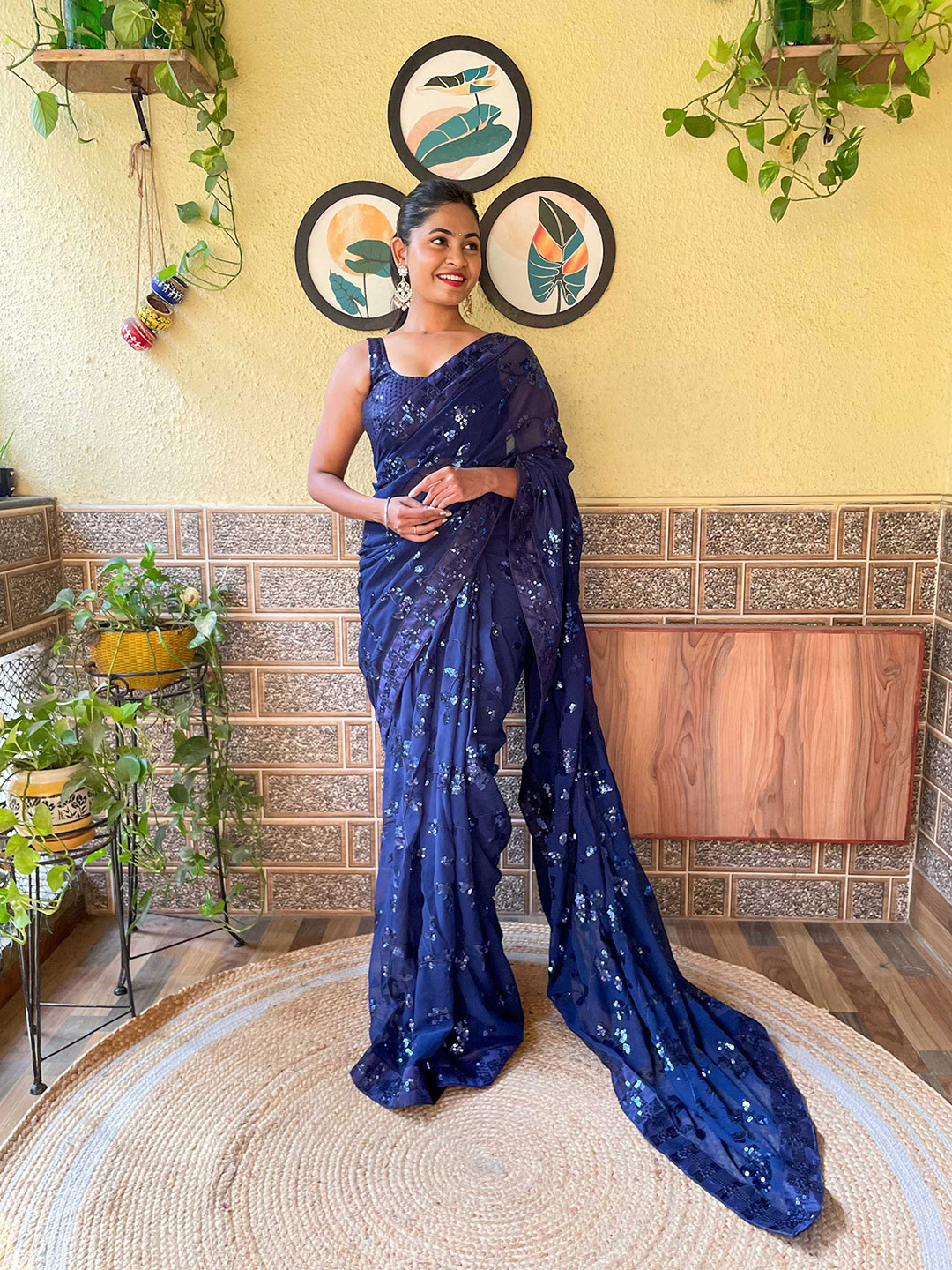 

Mitera Blue Embellished Sequinned Saree