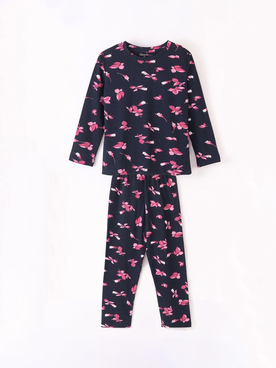 

Kanvin Boys Navy Blue & Pink Floral Printed Pure Cotton Night suit
