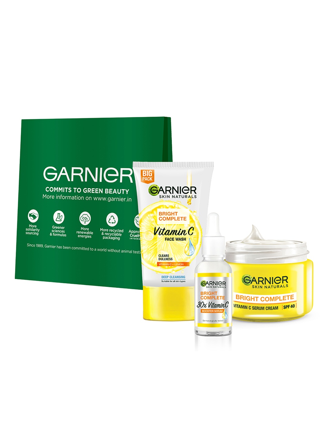 

Garnier Bright Complete Vitamin C Face Wash 150g + Serum 30ml + SPF 40 Serum Cream 45g, Yellow