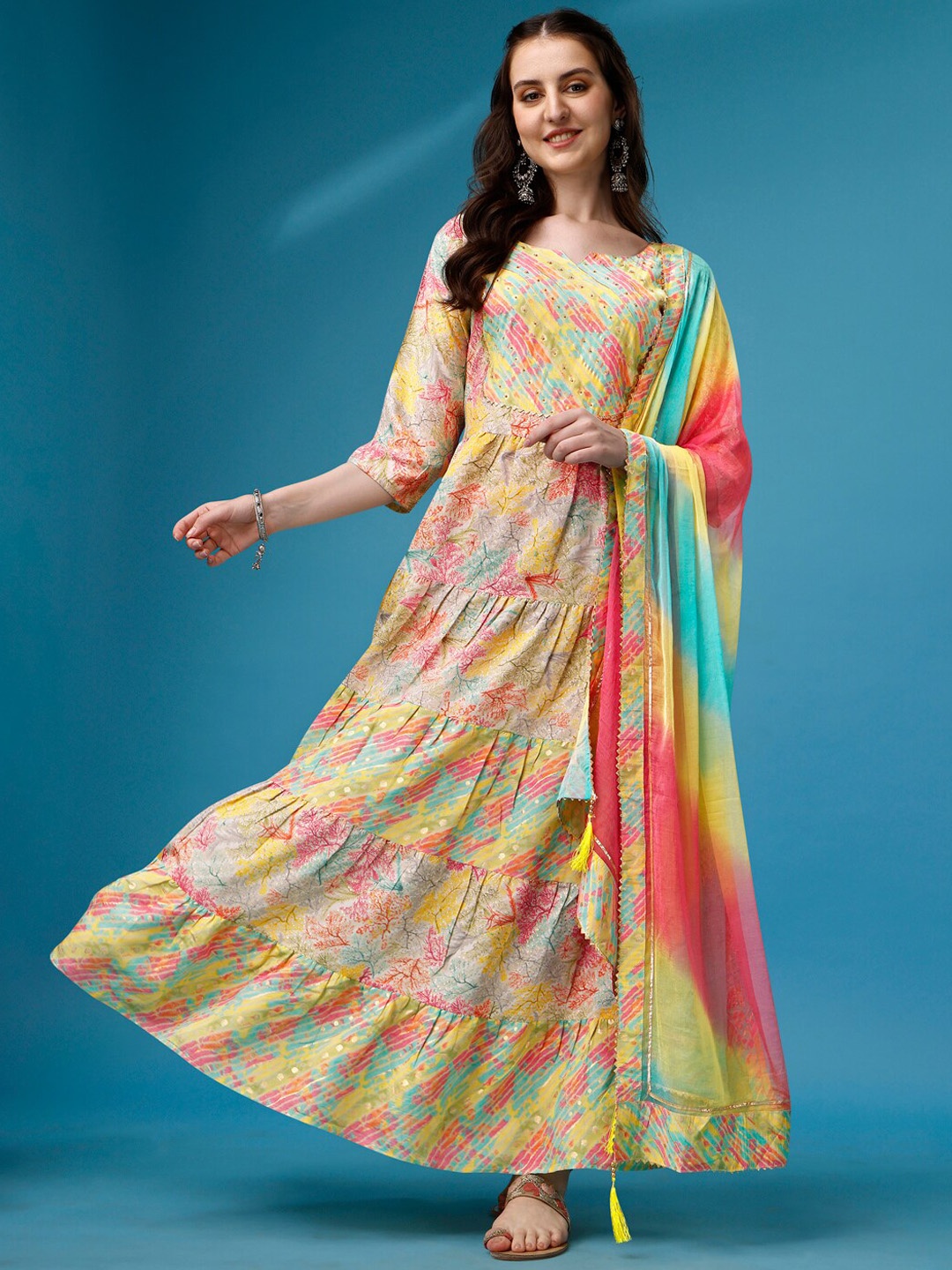 

Ziva Fashion Floral Printed Regular Kurta With Trousers & With Dupatta, Yellow