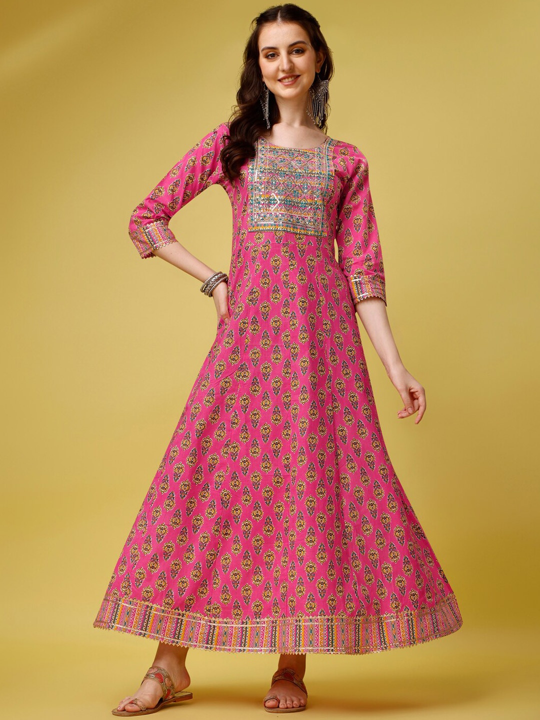 

Ziva Fashion Ethnic Motifs Printed Anarkali Kurta With Trousers & Dupatta, Pink