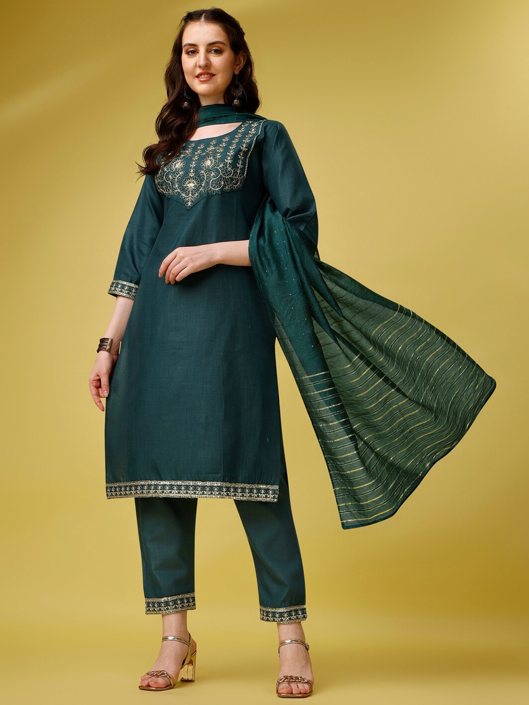 

Ziva Fashion Ethnic Motifs Embroidered Yoke Design Kurta With Trousers & Dupatta, Green