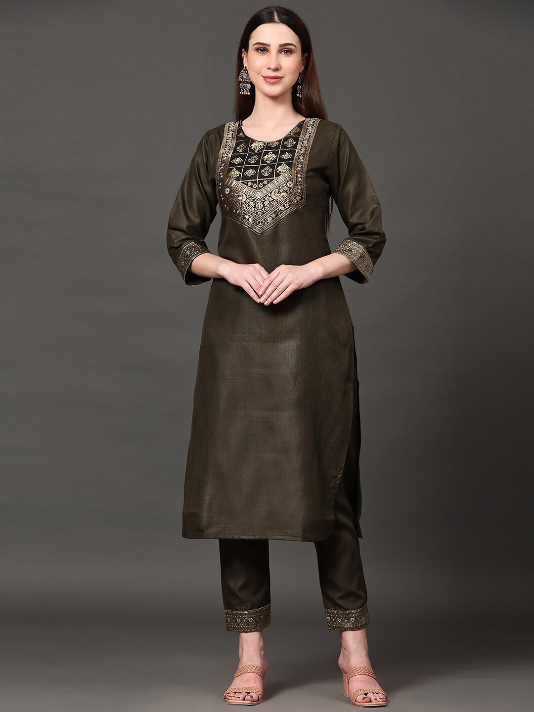 

Ziva Fashion Ethnic Motifs Embroidered Yoke Design Kurta With Trousers & Dupatta, Olive