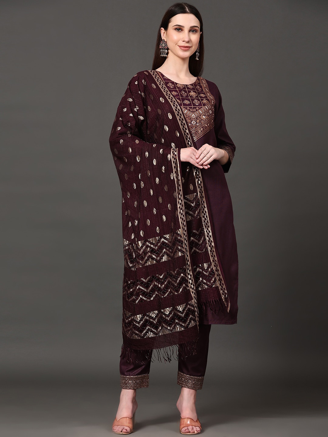 

Ziva Fashion Yoke Design Regular Kurta With Trousers & With Dupatta, Burgundy