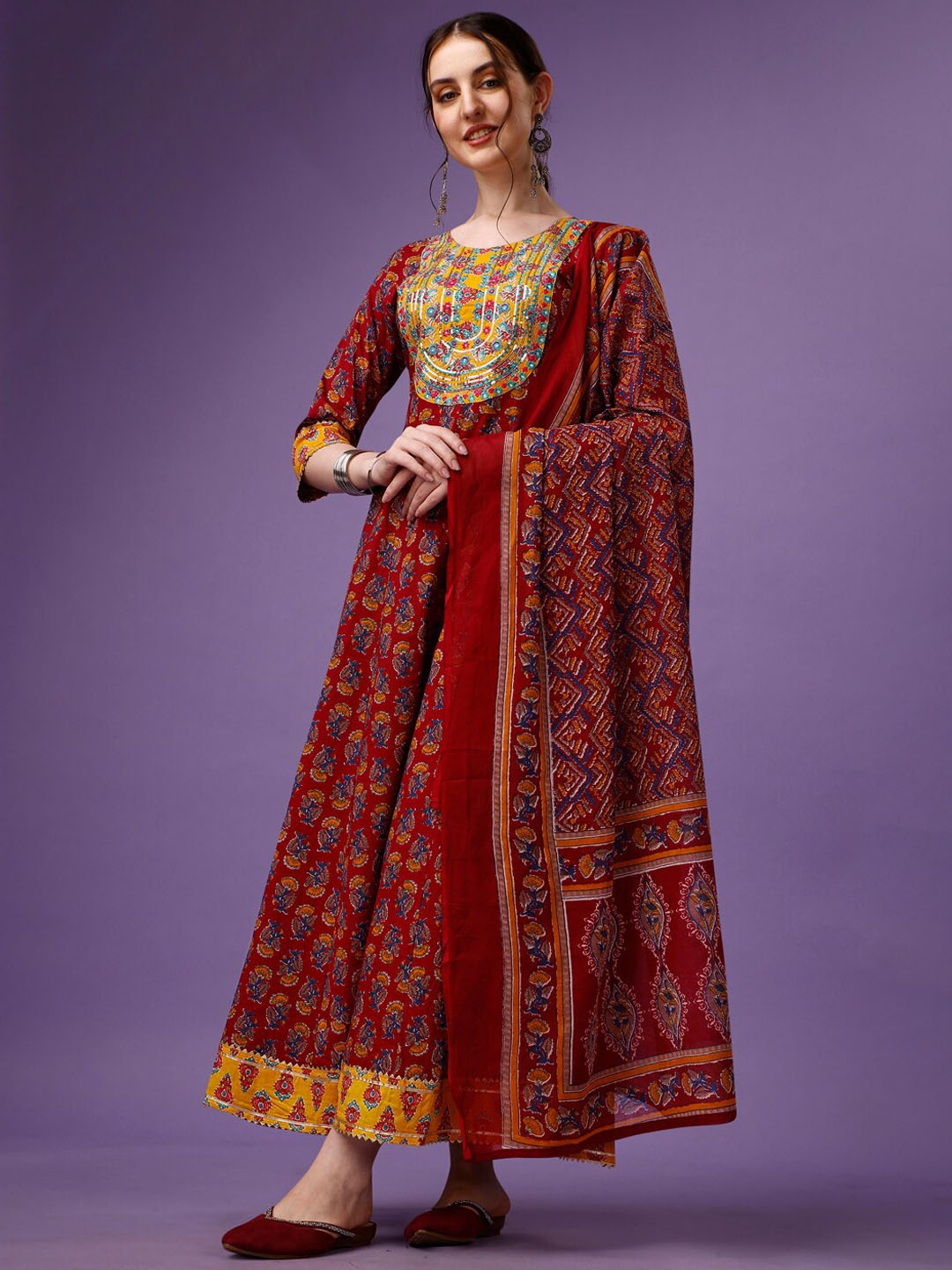 

Ziva Fashion Ethnic Motifs Printed Anarkali Kurta With Trousers & Dupatta, Maroon
