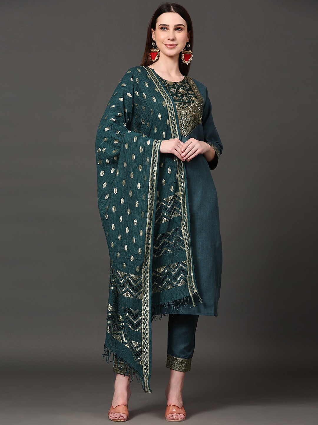 

Ziva Fashion Yoke Design Regular Kurta With Trousers & With Dupatta, Green