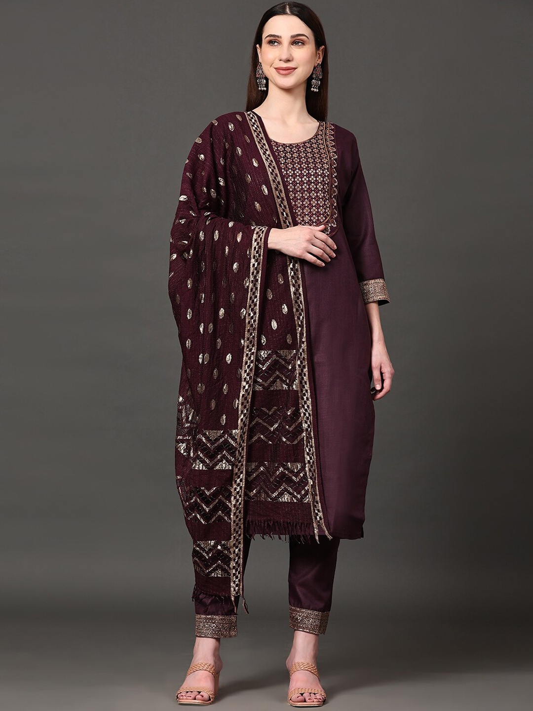 

Ziva Fashion Ethnic Motifs Embroidered Straight Kurta With Trousers & Dupatta, Brown