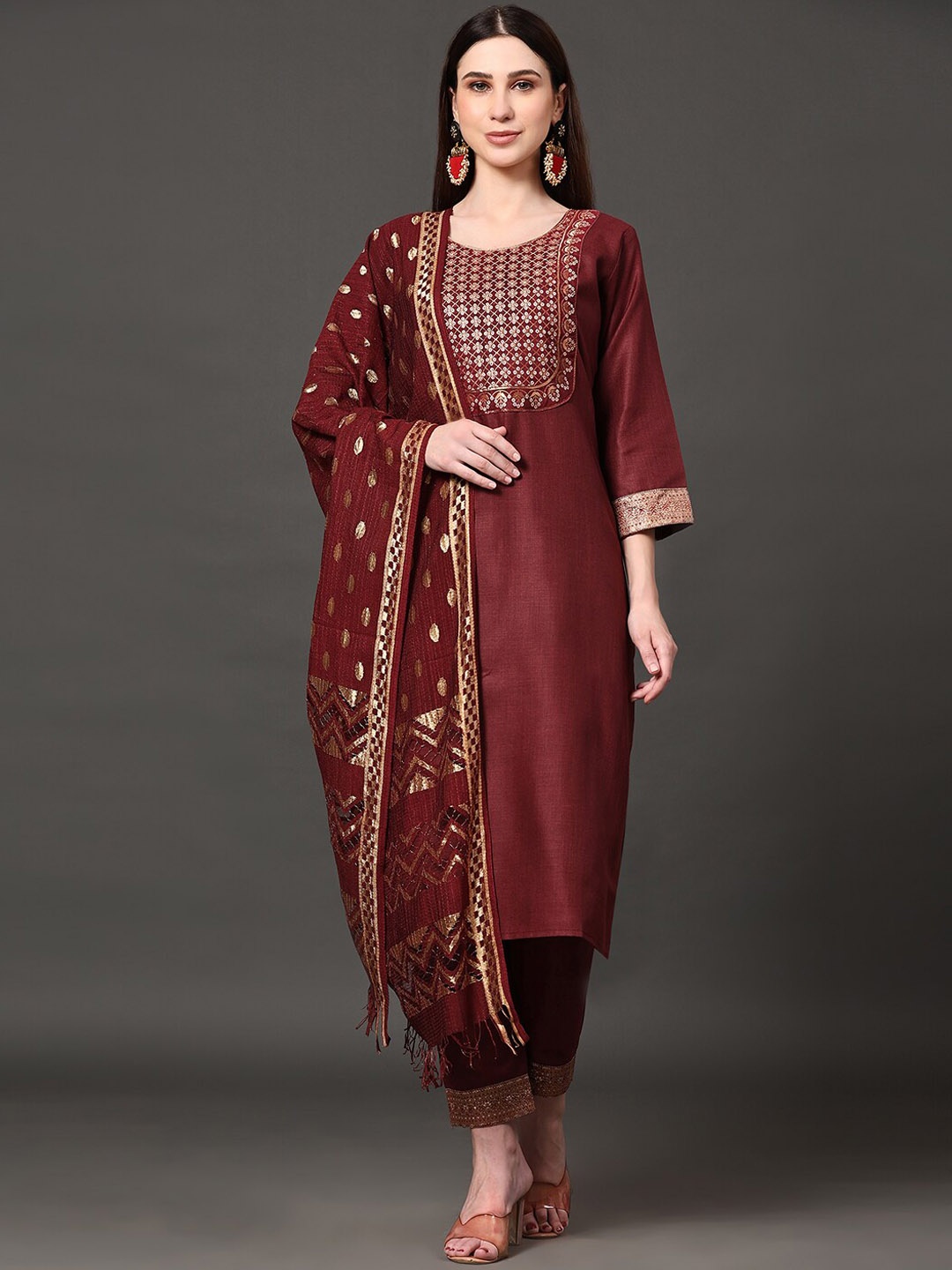 

Ziva Fashion Yoke Design Regular Kurta With Trousers & With Dupatta, Maroon