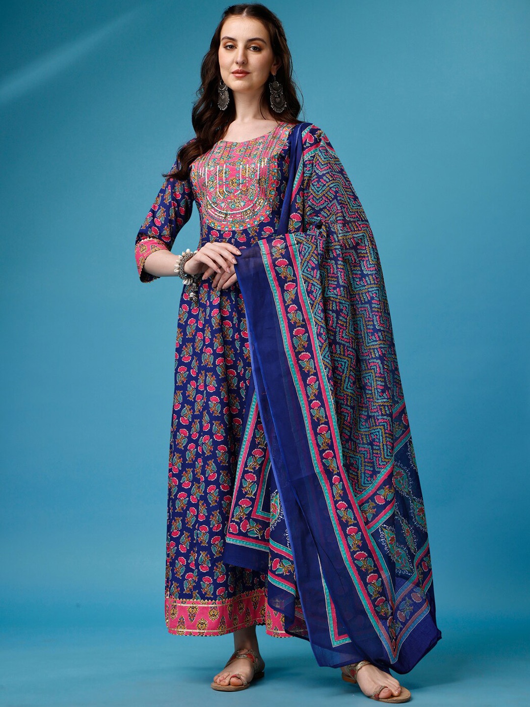 

Ziva Fashion Floral Printed Anarkali Kurta With Trousers & Dupatta, Navy blue