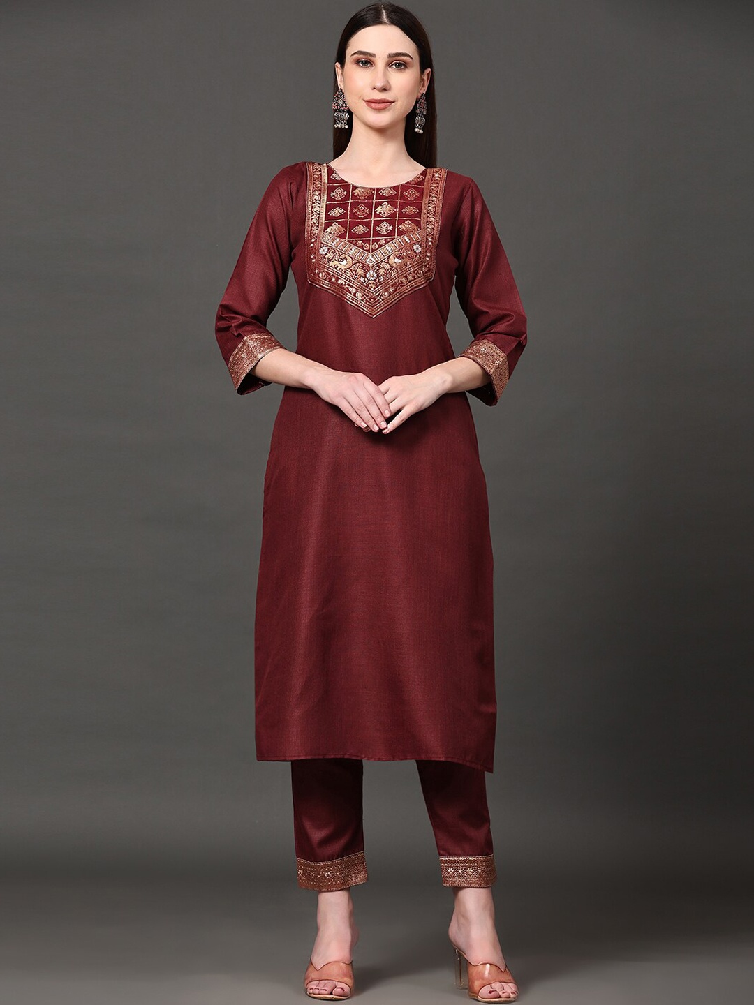 

Ziva Fashion Ethnic Motifs Embroidered Straight Kurta With Trousers & Dupatta, Maroon