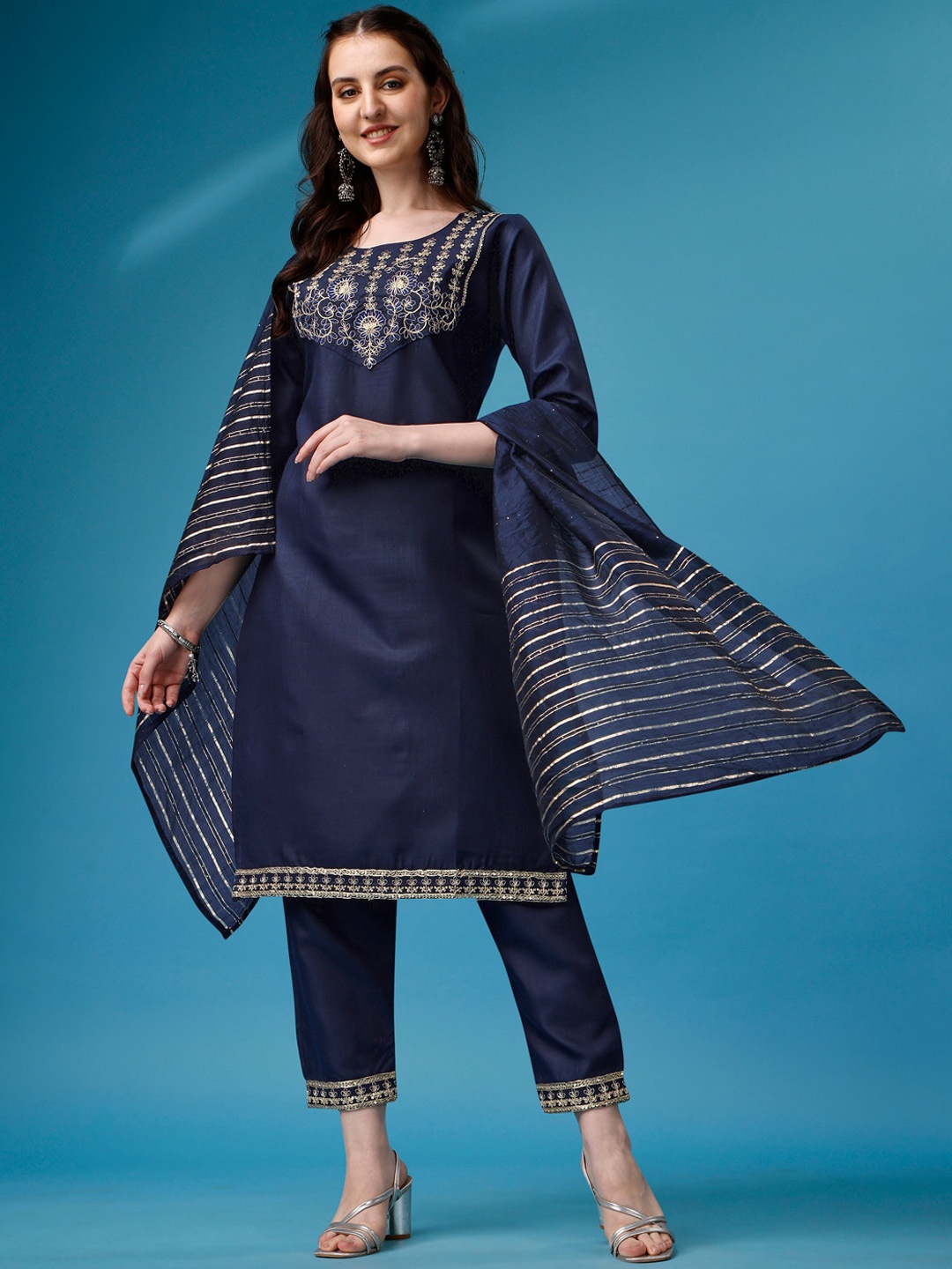 

Ziva Fashion Yoke Design Regular Kurta With Trousers & With Dupatta, Navy blue