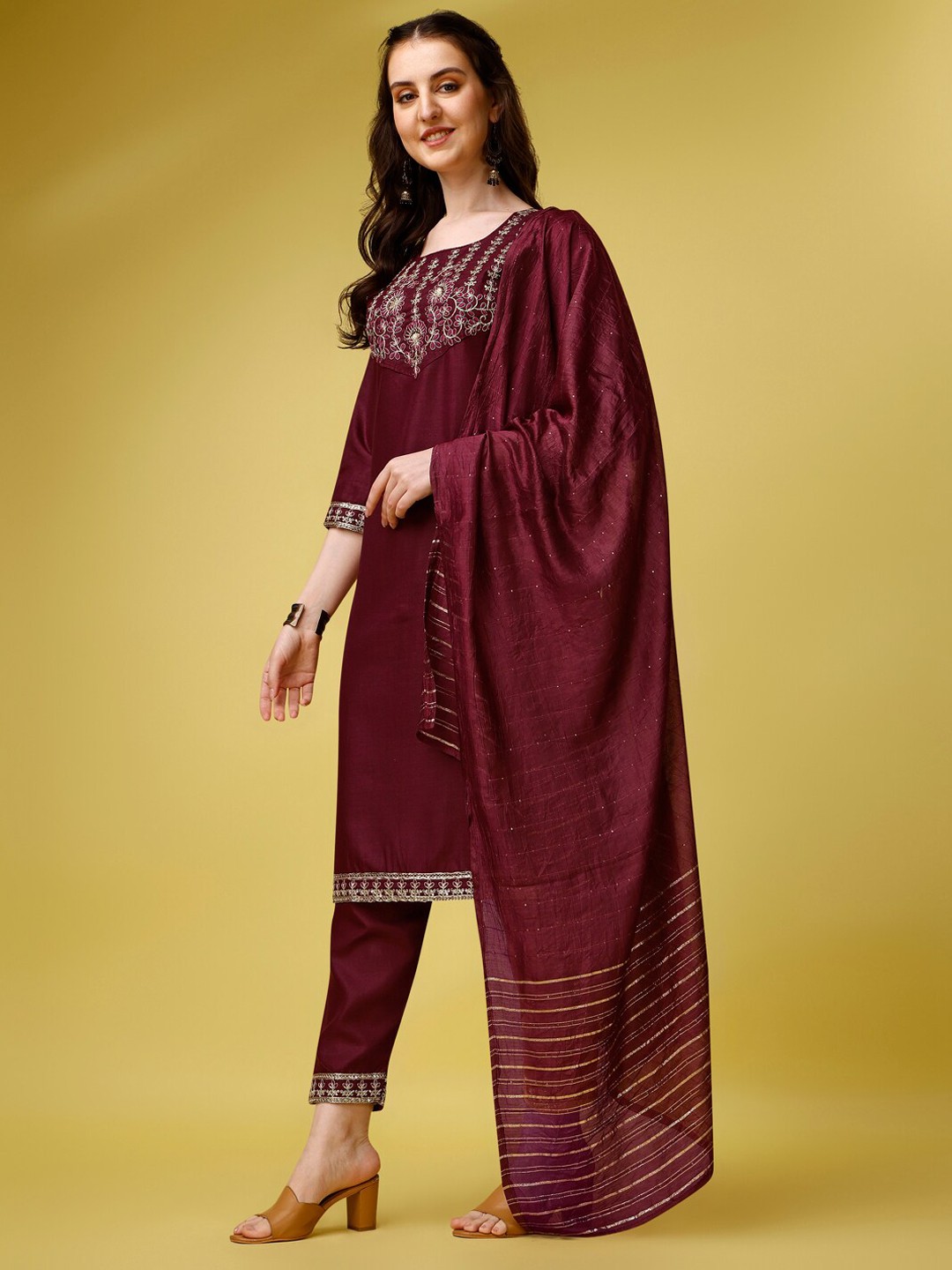 

Ziva Fashion Yoke Design Regular Kurta With Trousers & With Dupatta, Maroon