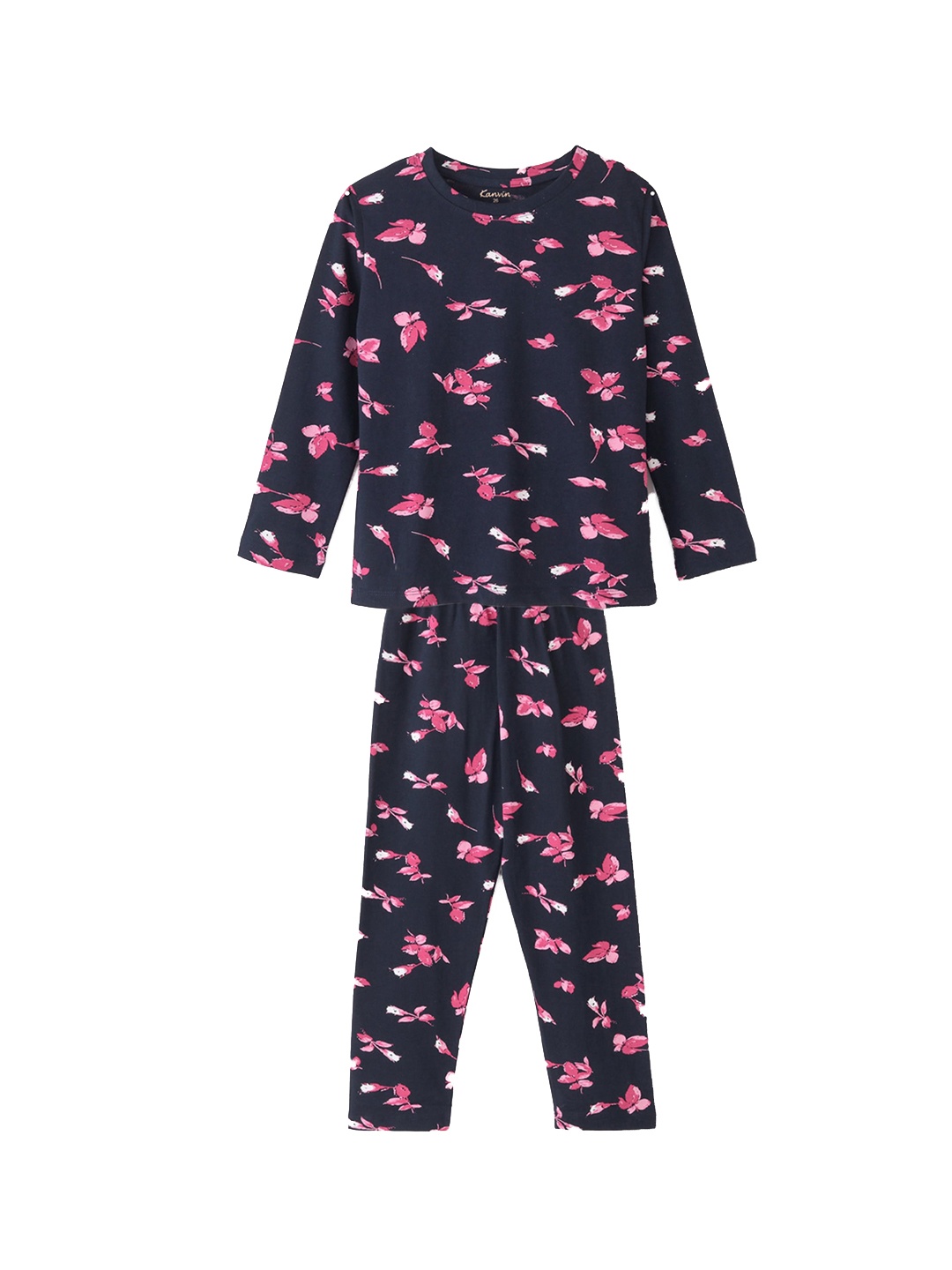 

Kanvin Girls Navy Blue & Pink Printed Pure Cotton Night Suit