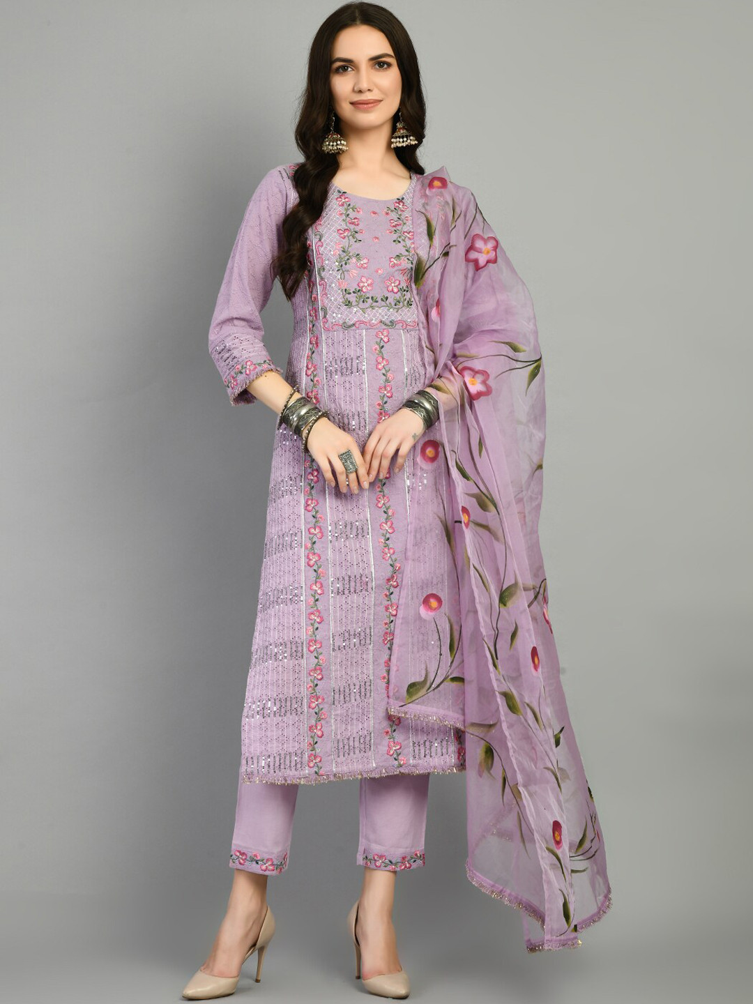 

Kurtipedia Ethnic Motifs Embroidered Empire Pure Cotton Kurta with Trousers & Dupatta, Purple