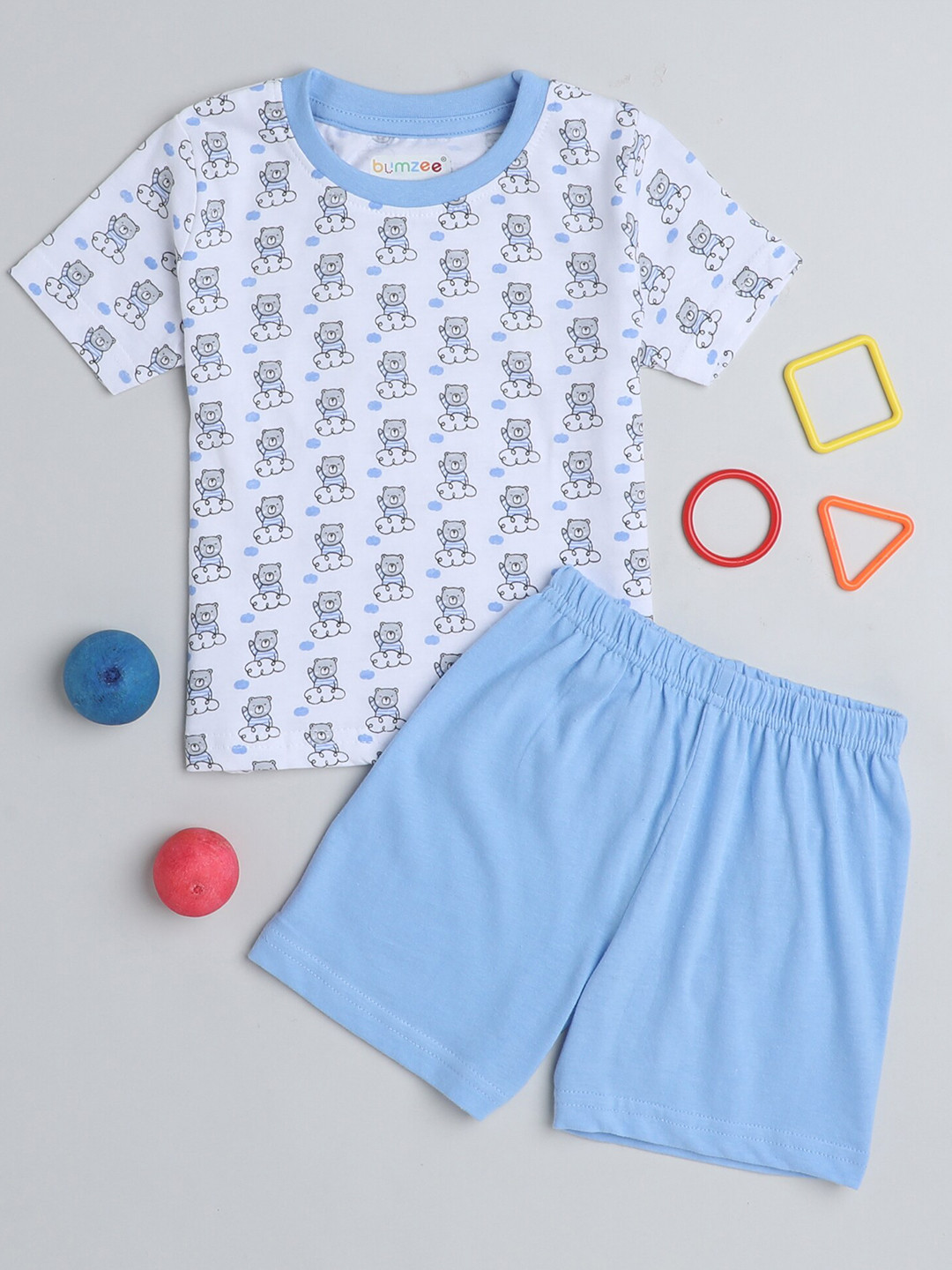 

BUMZEE Boys Printed Pure Cotton T-shirt With Shorts, White
