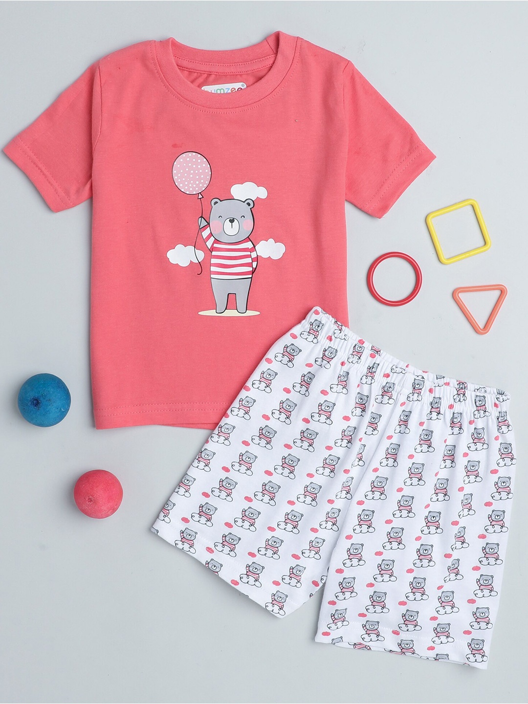 

BUMZEE Girls Printed Pure Cotton T-shirt With Shorts, Coral