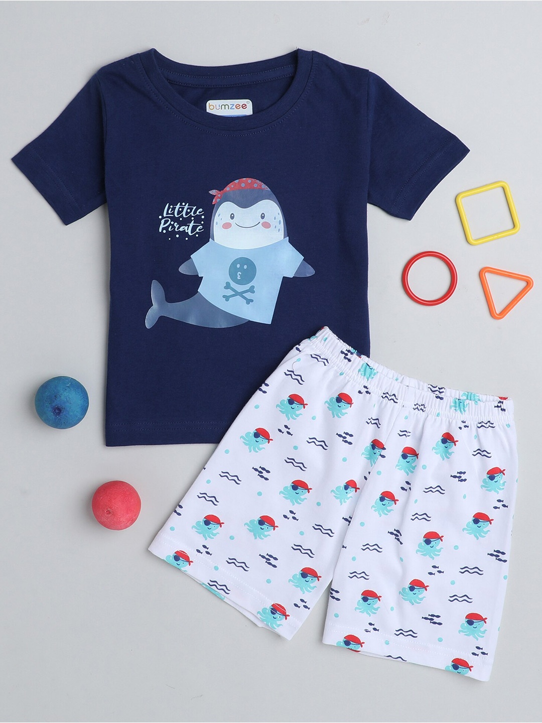 

BUMZEE Boys Printed Pure Cotton T-shirt With Shorts, Navy blue
