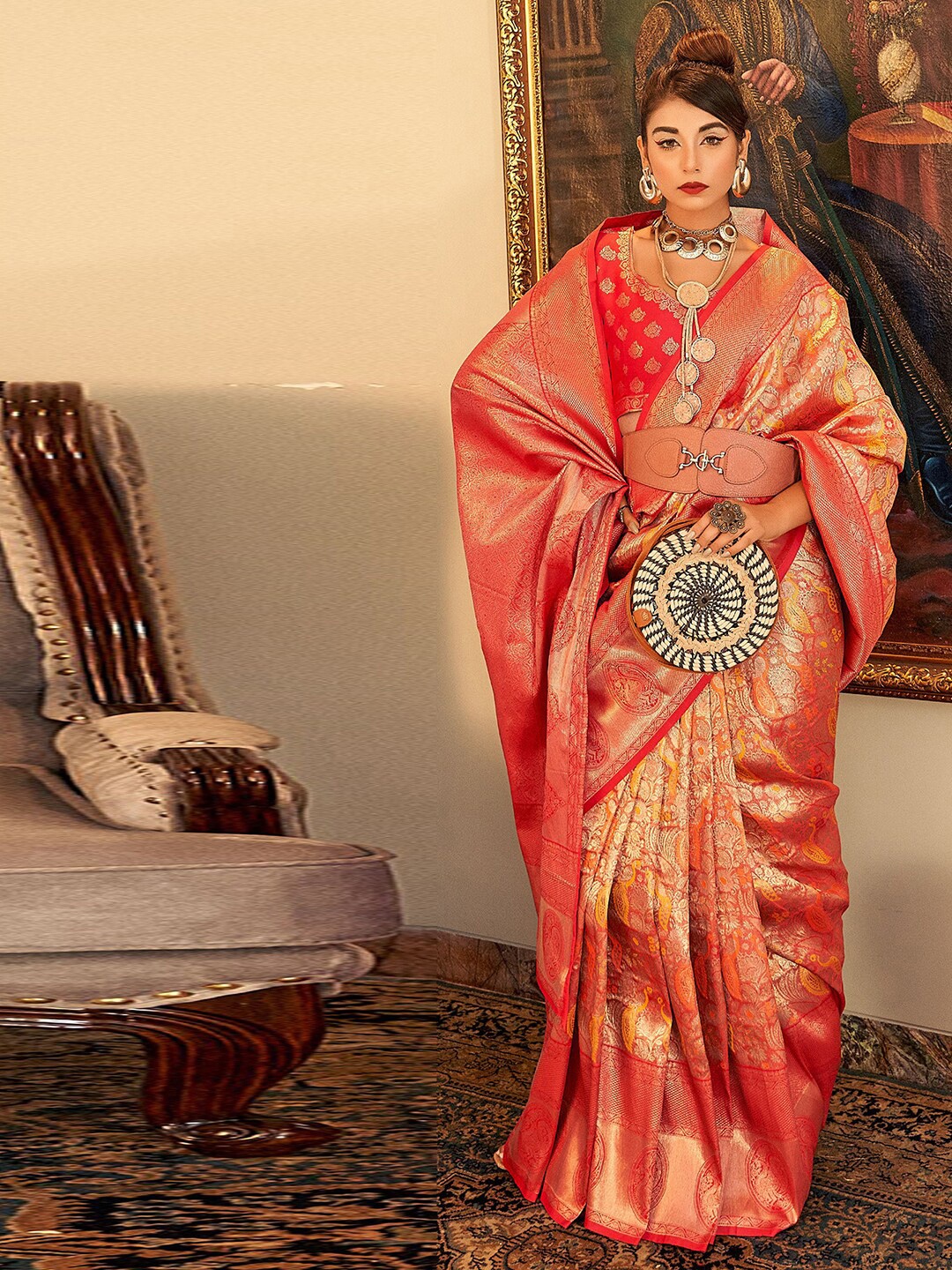 

Satrani Orange & Gold-Toned Ethnic Motifs Woven Design Zari Paithani Saree