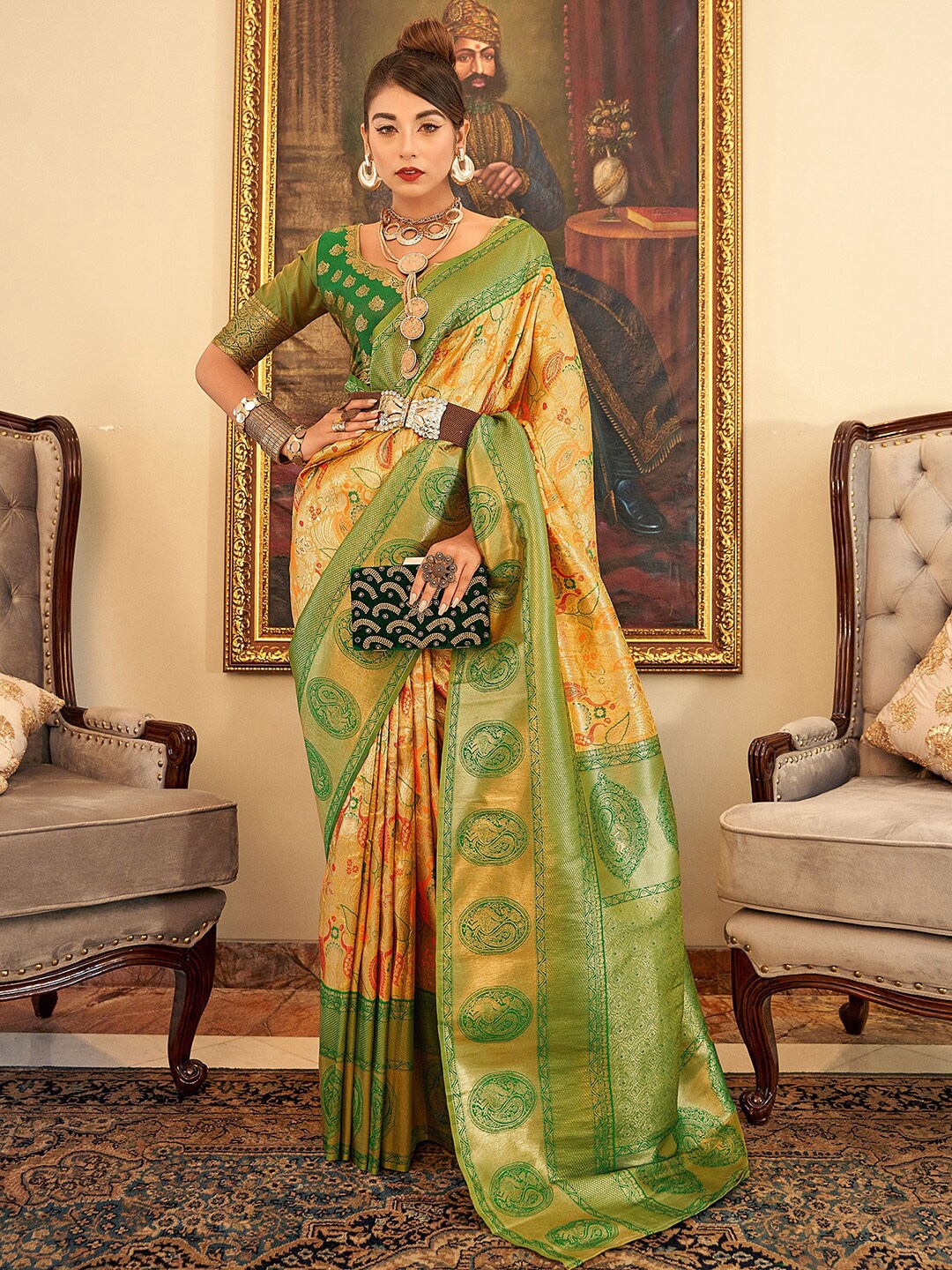 

Satrani Yellow & Gold-Toned Ethnic Woven Design Zari Paithani Saree