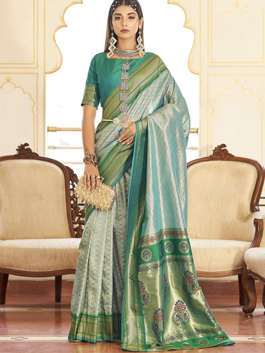 

Satrani Green & Gold-Toned Ethnic Motifs Woven Design Zari Saree