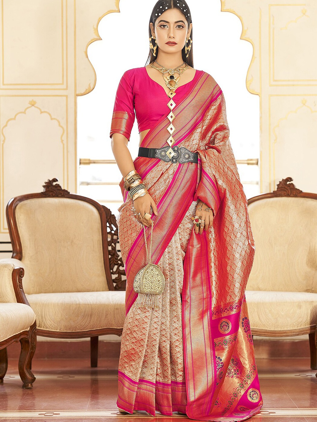 

Satrani Pink & Gold-Toned Ethnic Woven Design Zari Saree