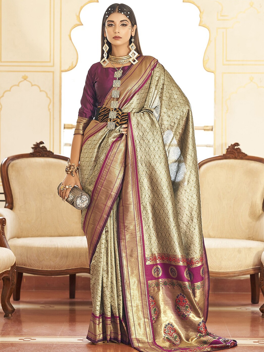 

Satrani Olive Ethnic Woven Design Zari Jacquard Saree