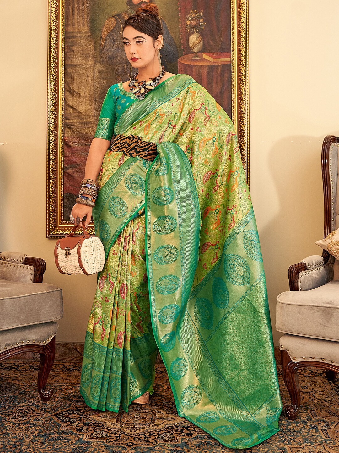 

Satrani Green & Gold-Toned Ethnic Woven Design Zari Paithani Saree