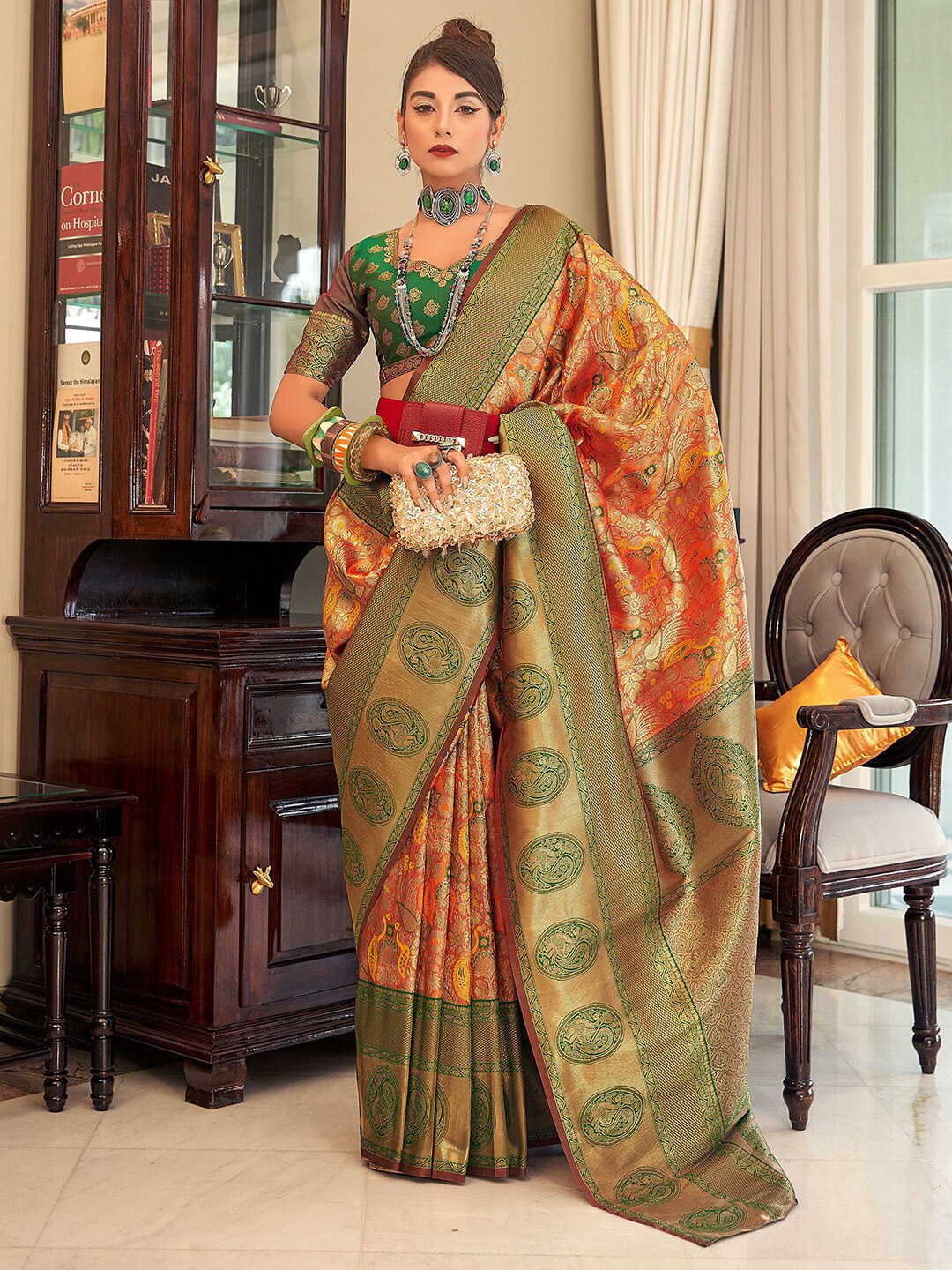 

Satrani Orange & Green Woven Design Zari Paithani Jacquard Saree