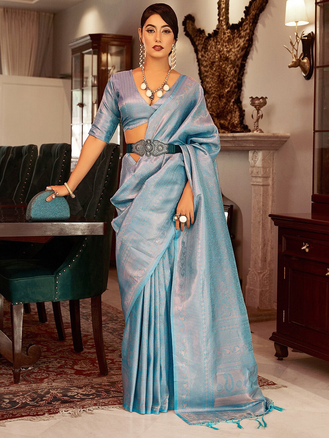 

Satrani Turquoise Blue & Gold-Toned Ethnic Motifs Woven Design Zari Art Silk Saree