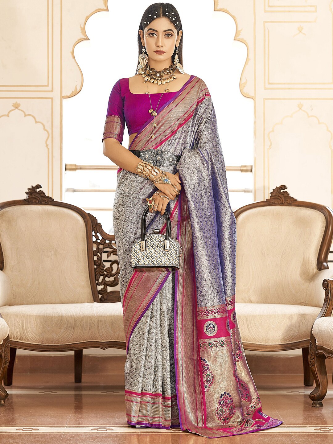 

Satrani Blue & Pink Woven Design Zari Art Silk Saree
