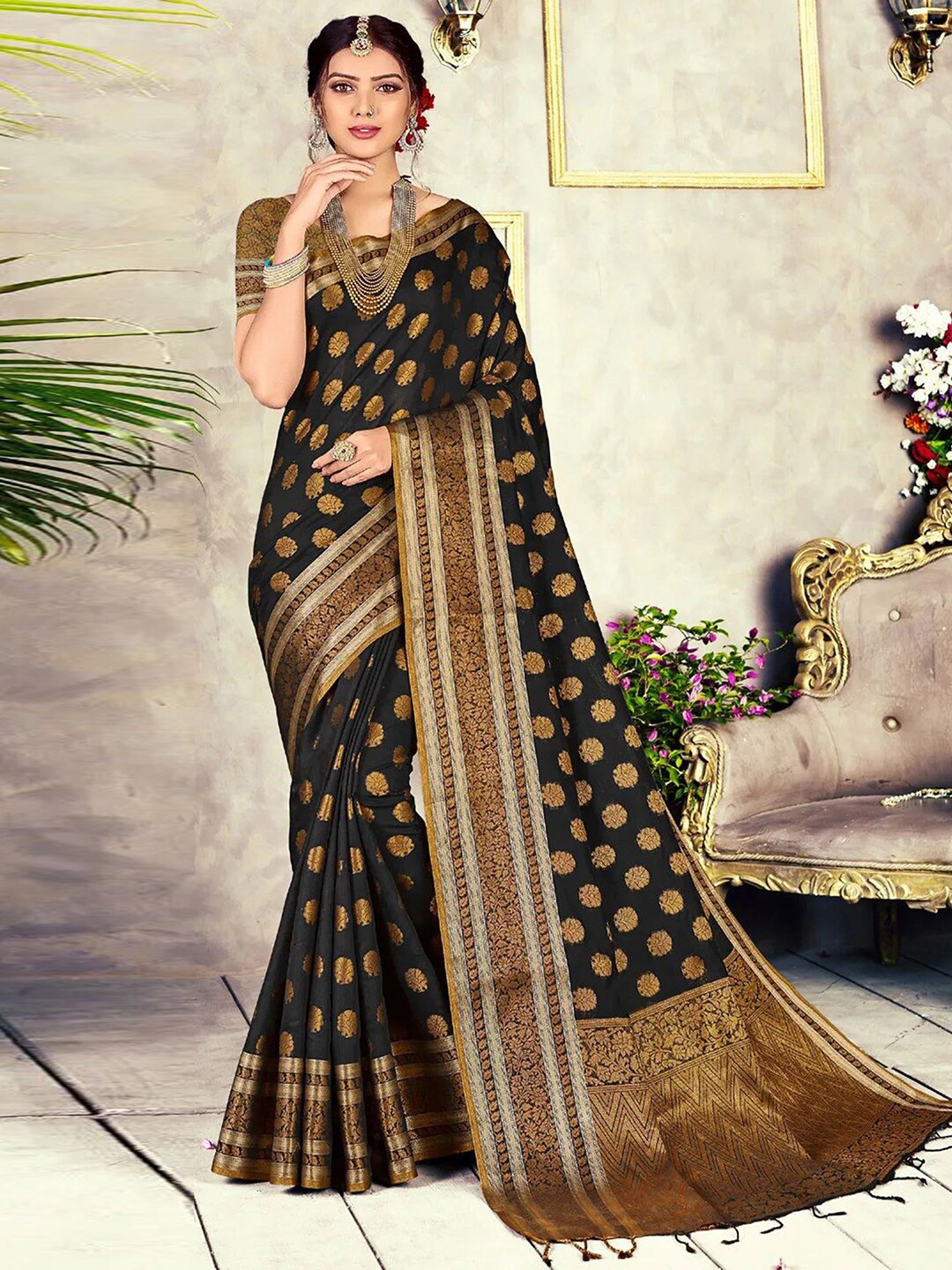 

Satrani Black & Brown Ethnic Motifs Woven Design Zari Banarasi Saree
