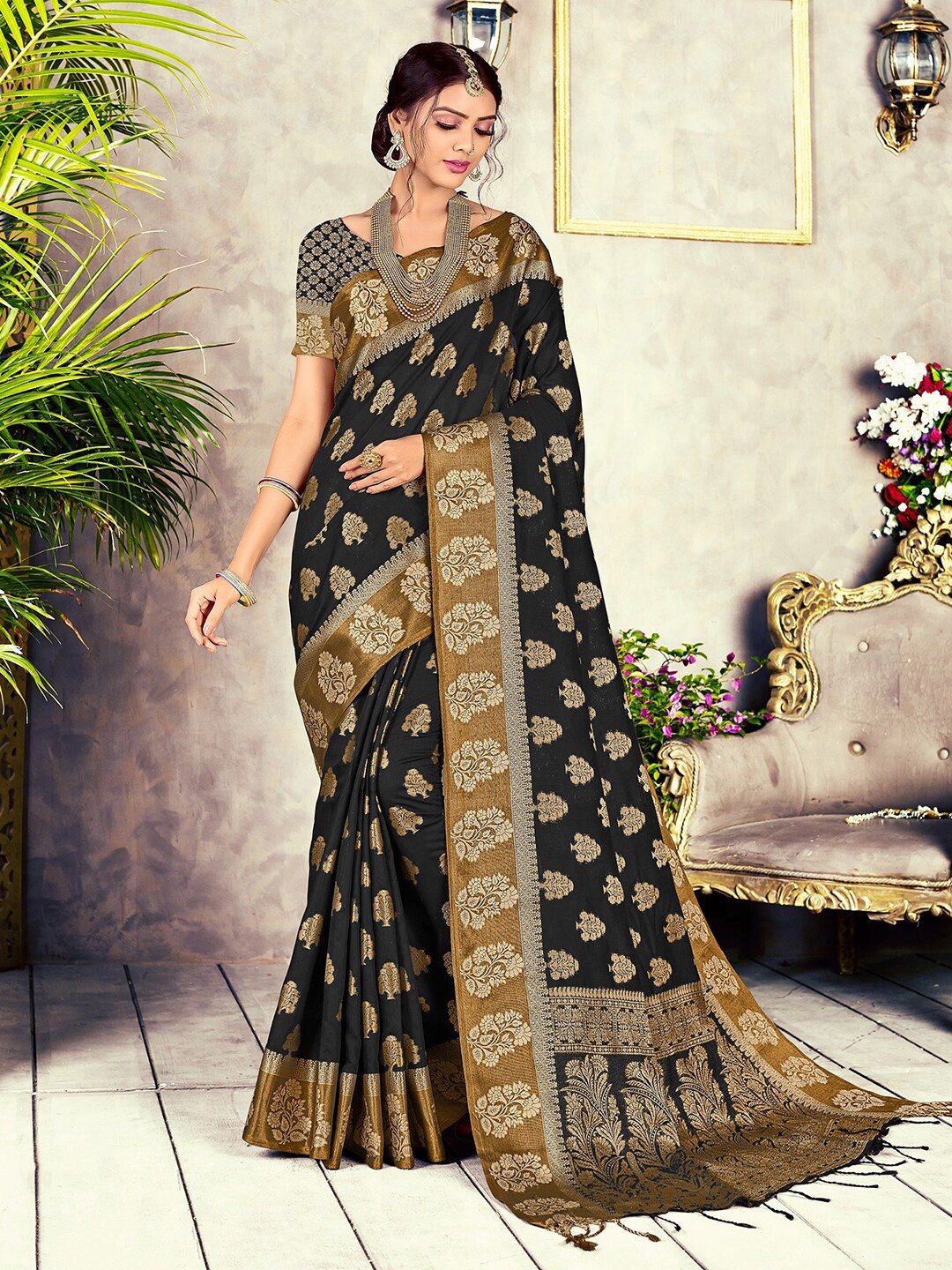 

Satrani Black & Brown Ethnic Motifs Woven Design Zari Banarasi Saree
