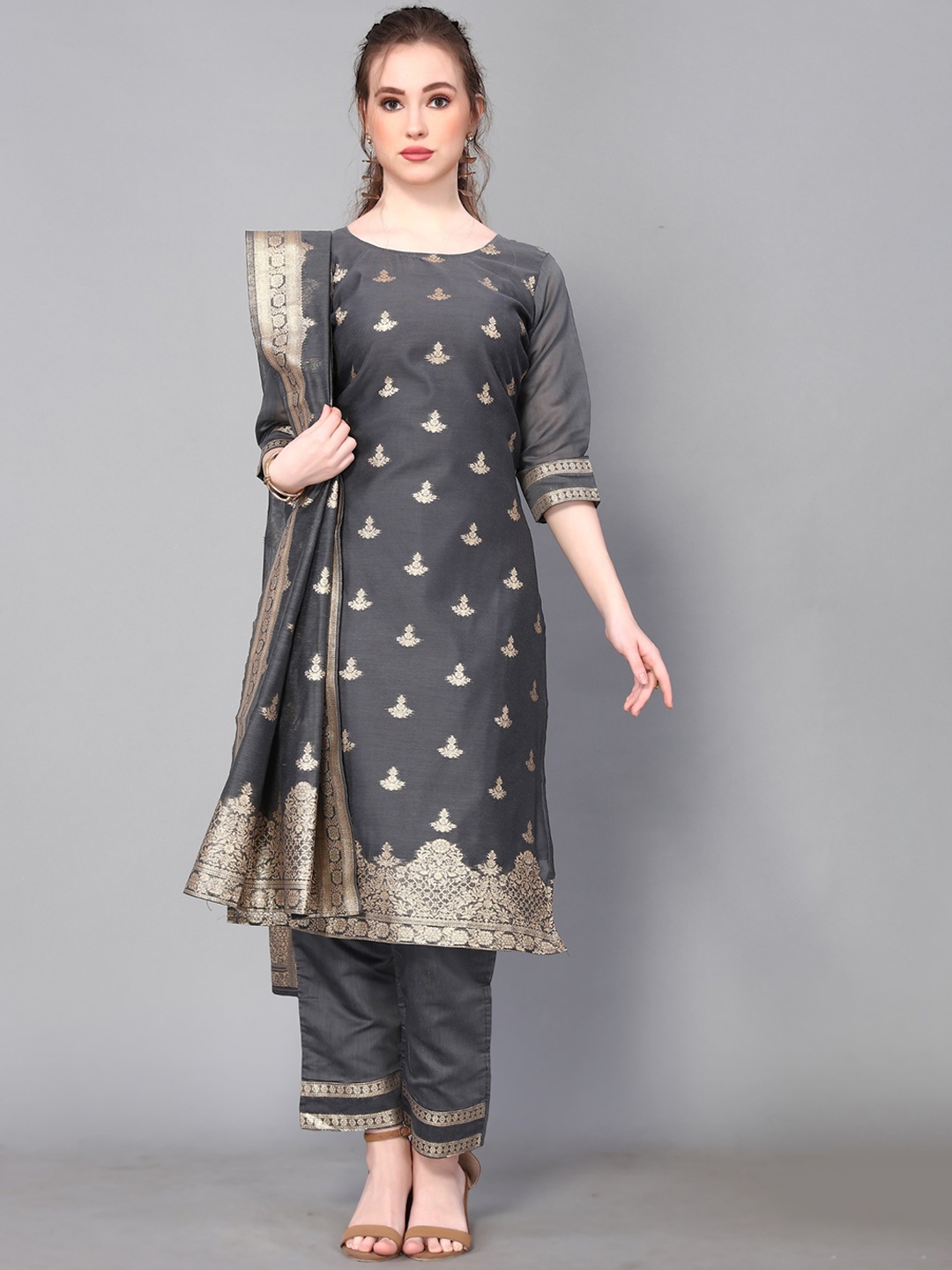 

Happy Design Ethnic Motifs Woven Design Pure Cotton jacquard Kurta With Trousers & Dupatta, Grey