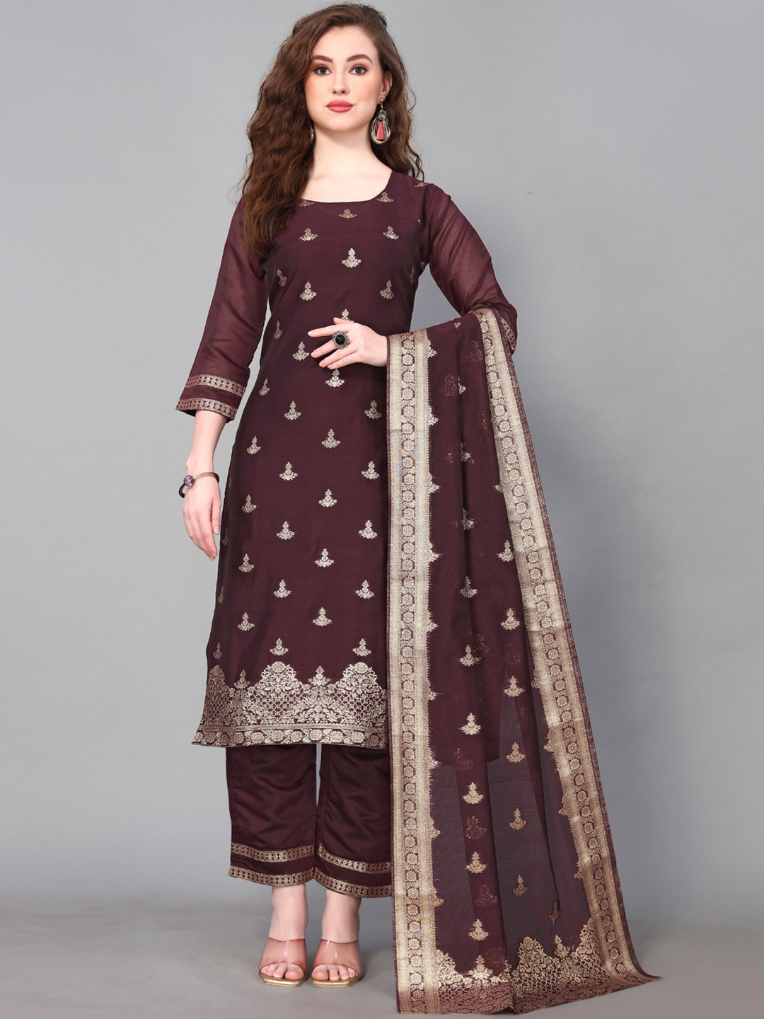 

Happy Design Ethnic Motifs Woven Design Pure Cotton jacquard Kurta With Trousers & Dupatta, Purple