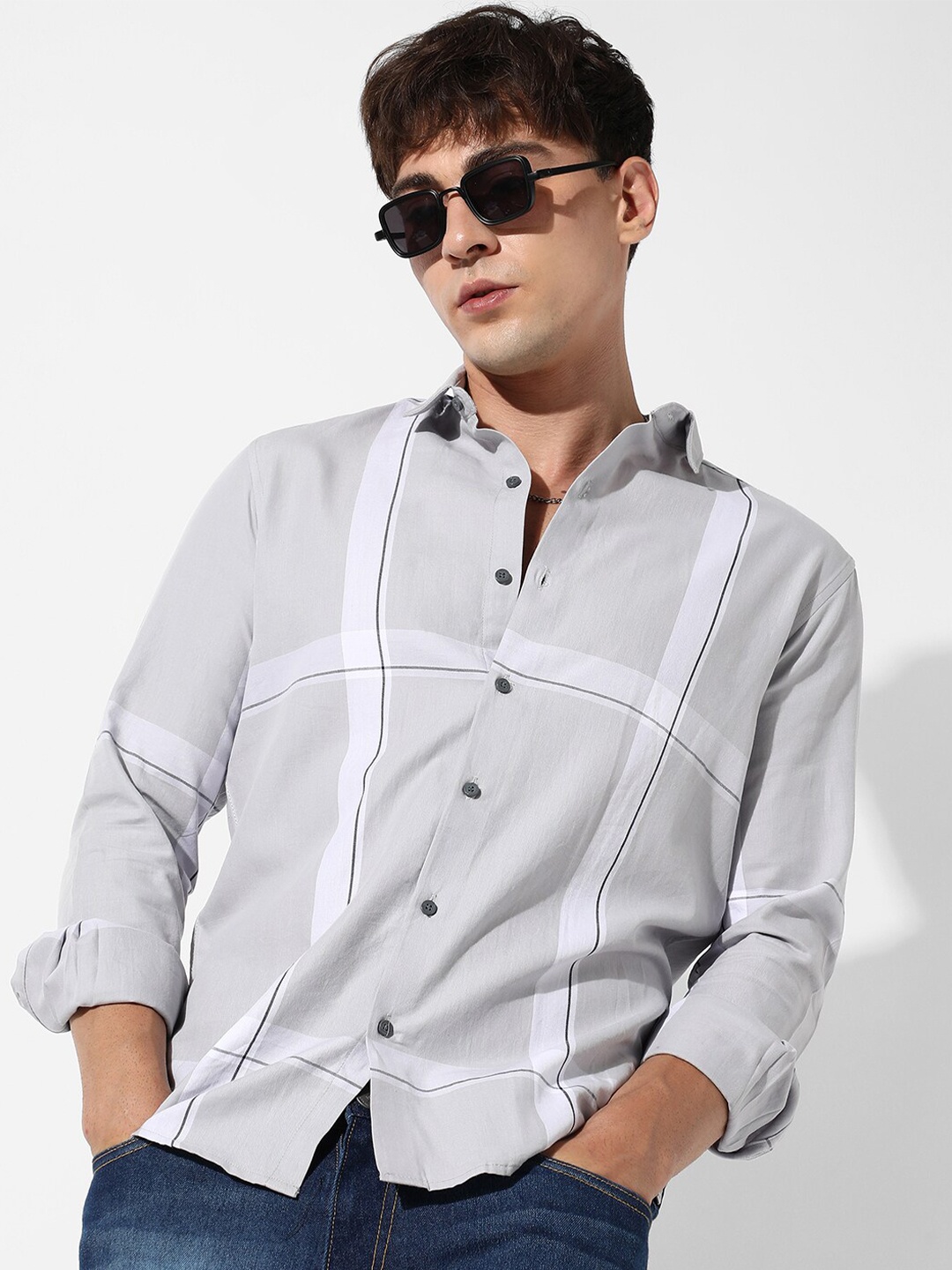 

Campus Sutra Classic Striped Cotton Casual Shirt, Grey