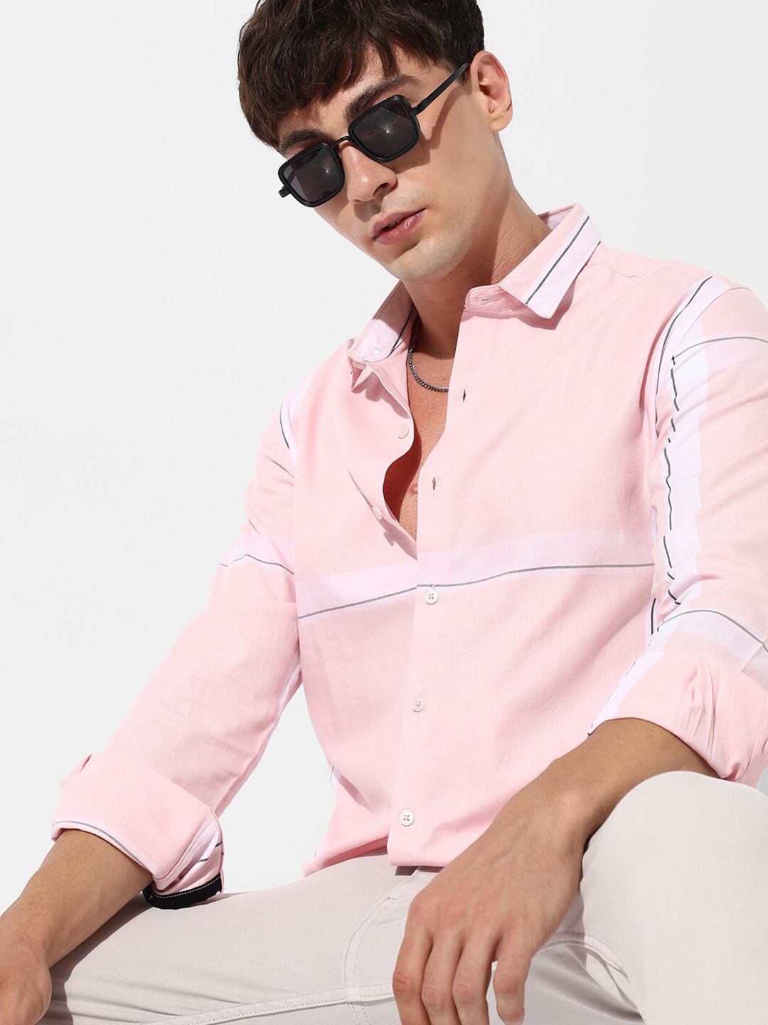 

Campus Sutra Classic Striped Cotton Casual Shirt, Pink