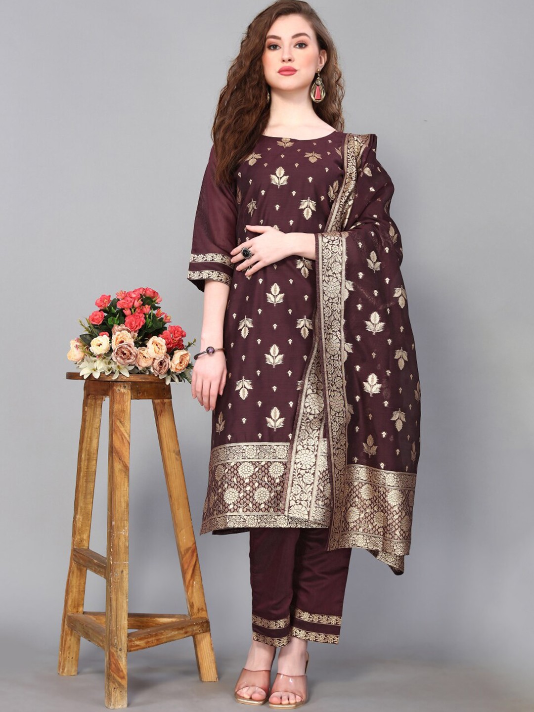 

Happy Design Ethnic Motifs Woven Design Pure Cotton jacquard Kurta With Trousers & Dupatta, Purple