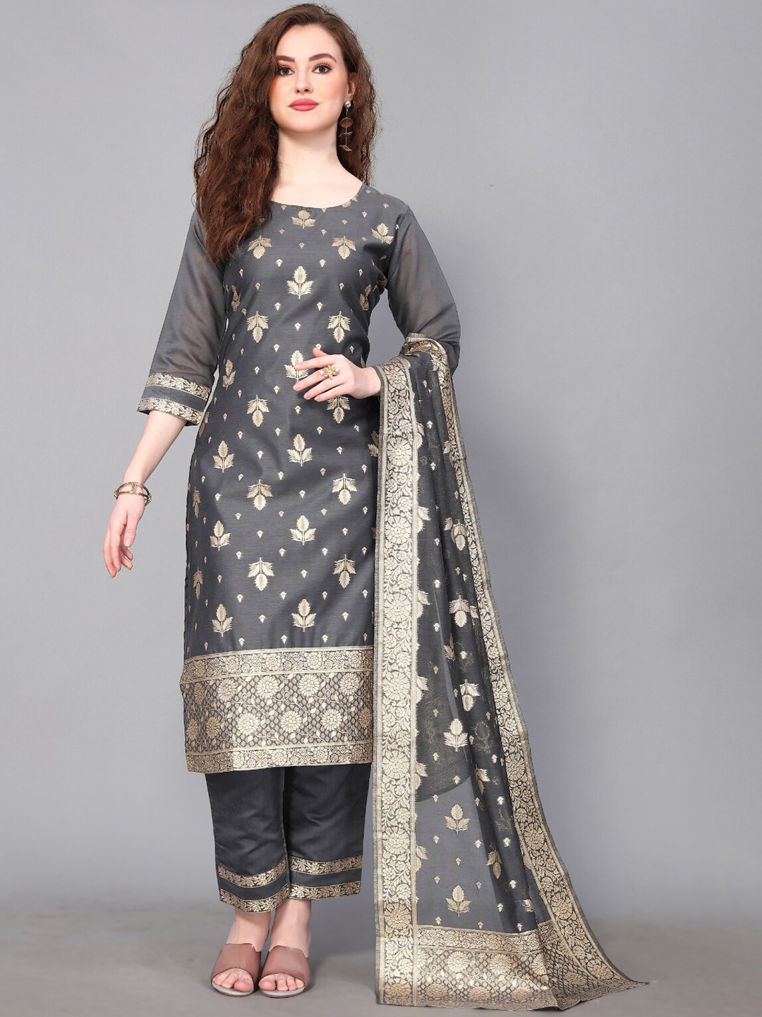 

Happy Design Ethnic Motifs Woven Design Pure Cotton jacquard Kurta With Trousers & Dupatta, Grey