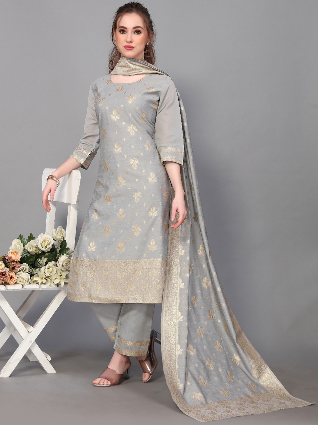 

Happy Design Etnic Motifs Woven Design Pure Cotton Kurta With Trousers & Dupatta, Silver