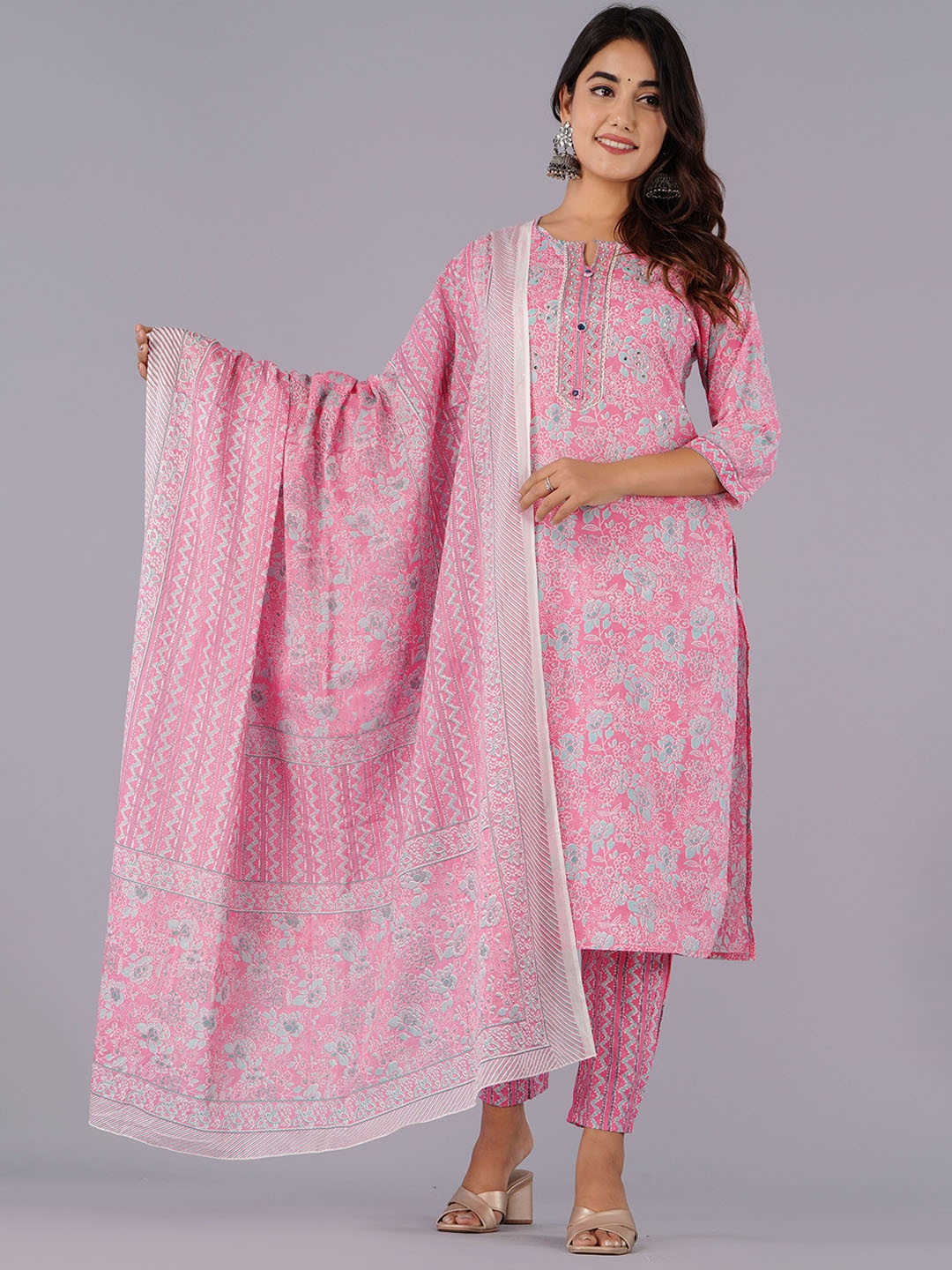 

DORIYA Floral Printed Bead Work Kurta with Trousers & Dupatta, Pink