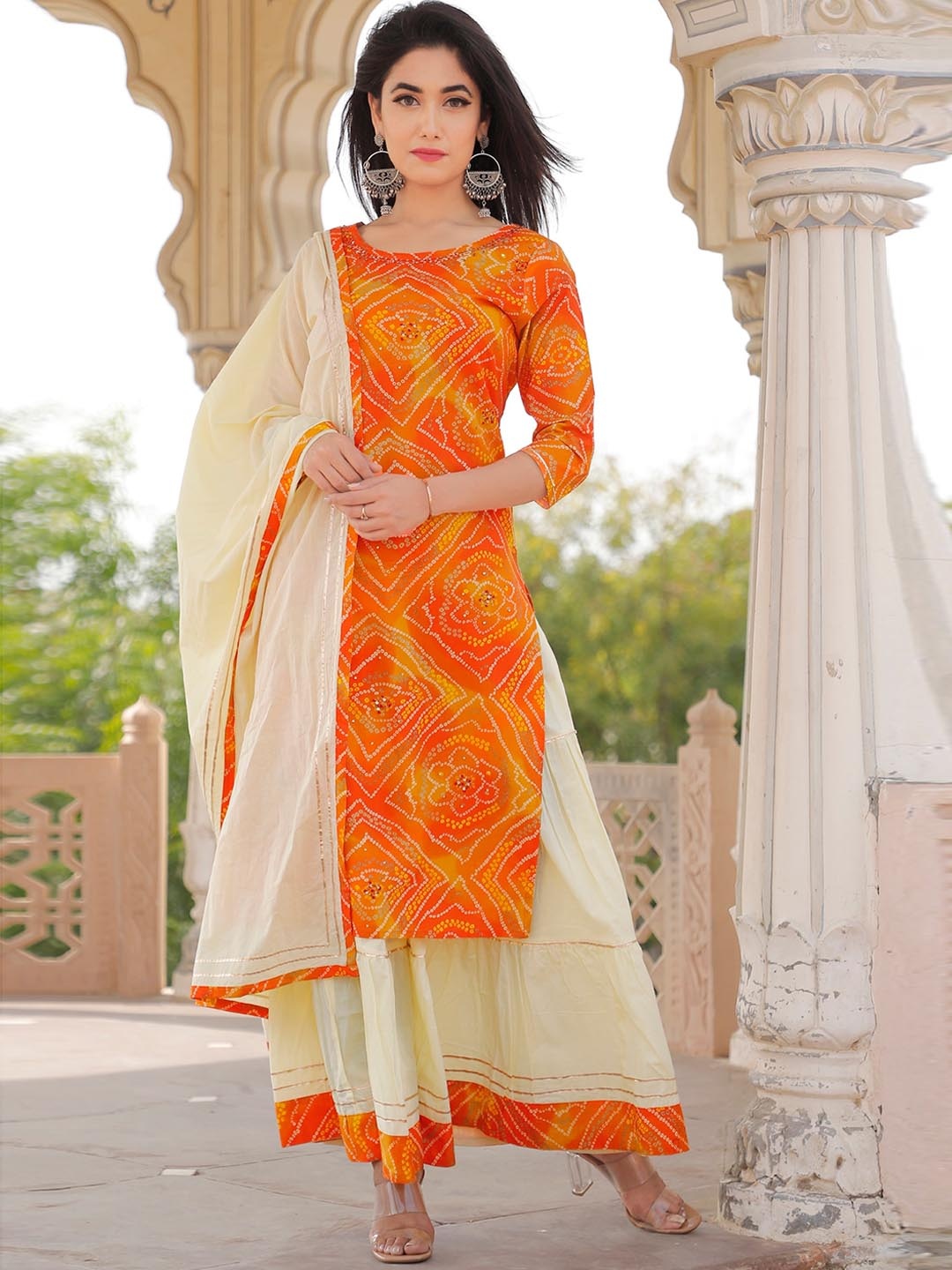 

DORIYA Bandhani Printed Sequined Kurta with Sharara & Dupatta, Orange