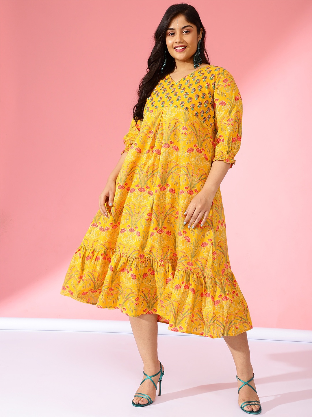 

Bani Women Ethnic Motifs Printed V-Neck Tiered A-Line Midi Dress, Mustard