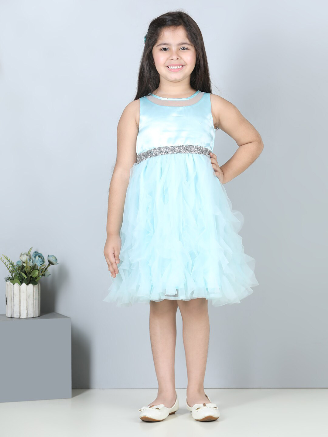 

Toy Balloon kids Girls Round Neck Sleeveless Net Fit & Flare Dress, Blue