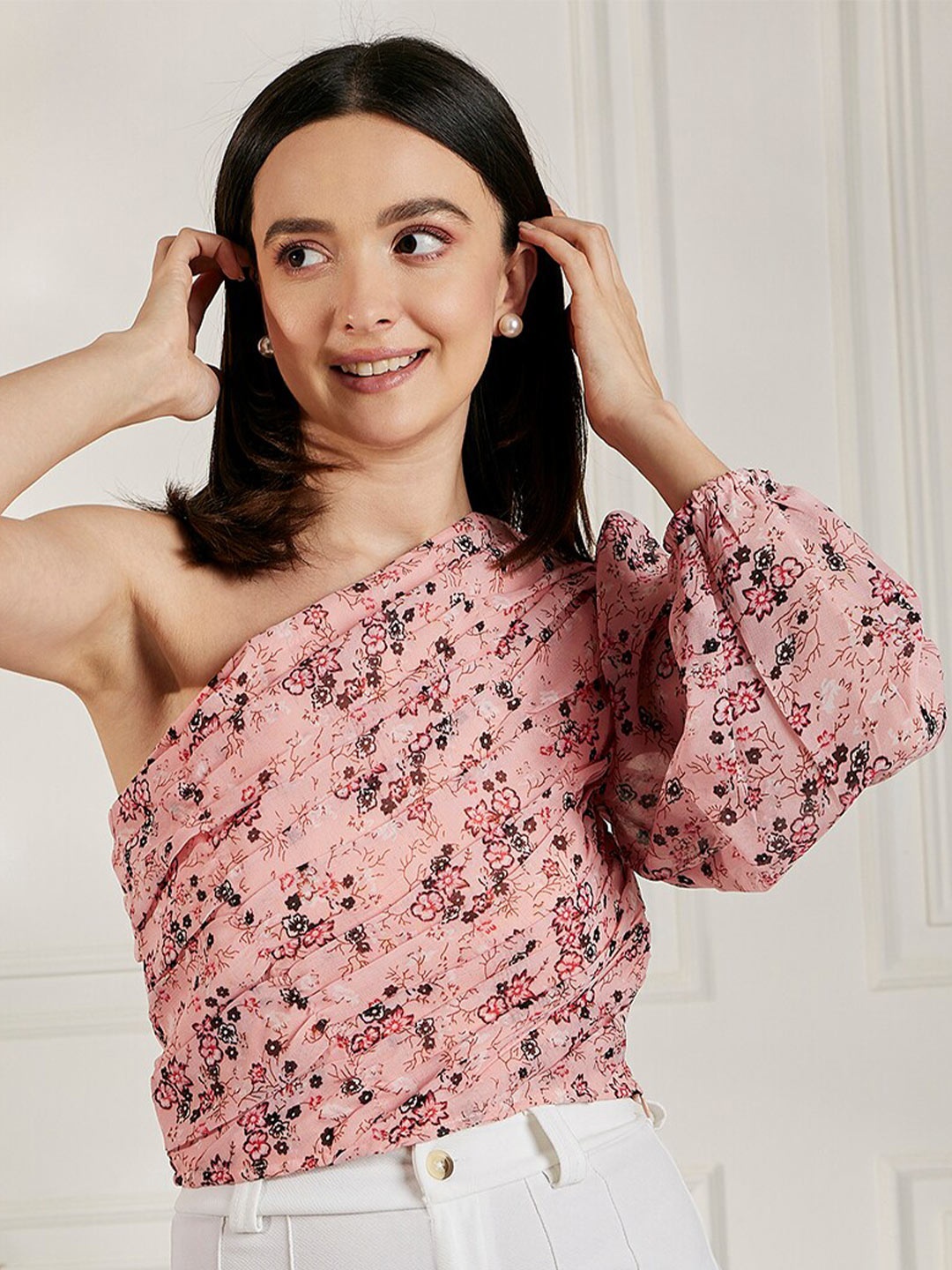 Carlton London Floral Print One Shoulder Puff Sleeve Georgette Top, Pink