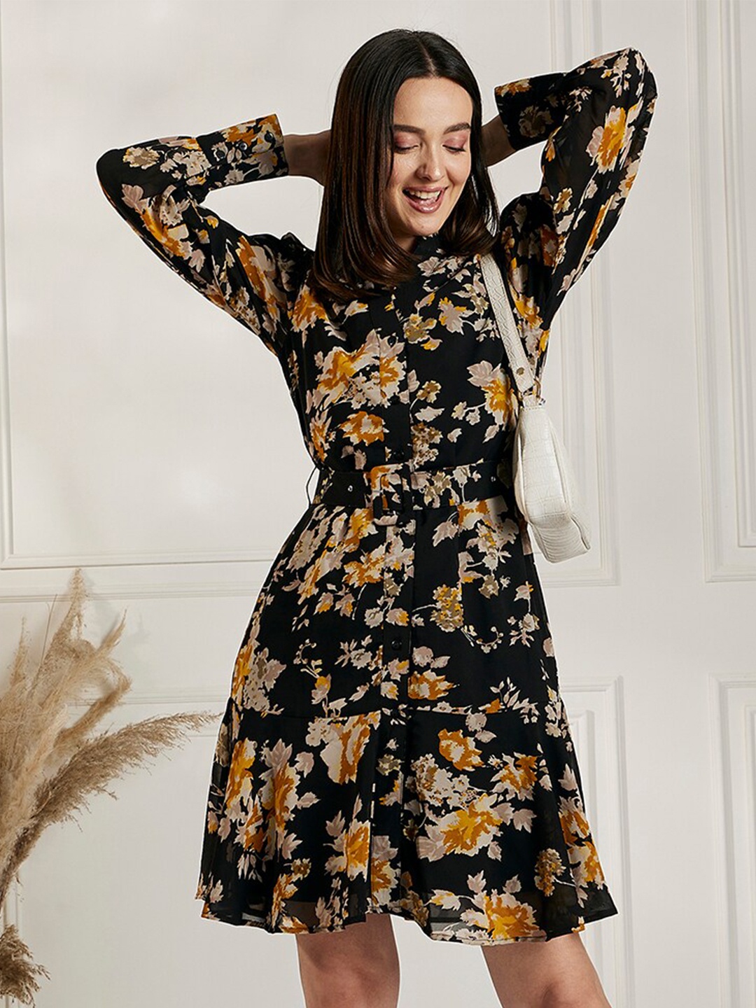 

Carlton London Floral Printed Mandarin Collared Belted Georgette Fit & Flare Dress, Black