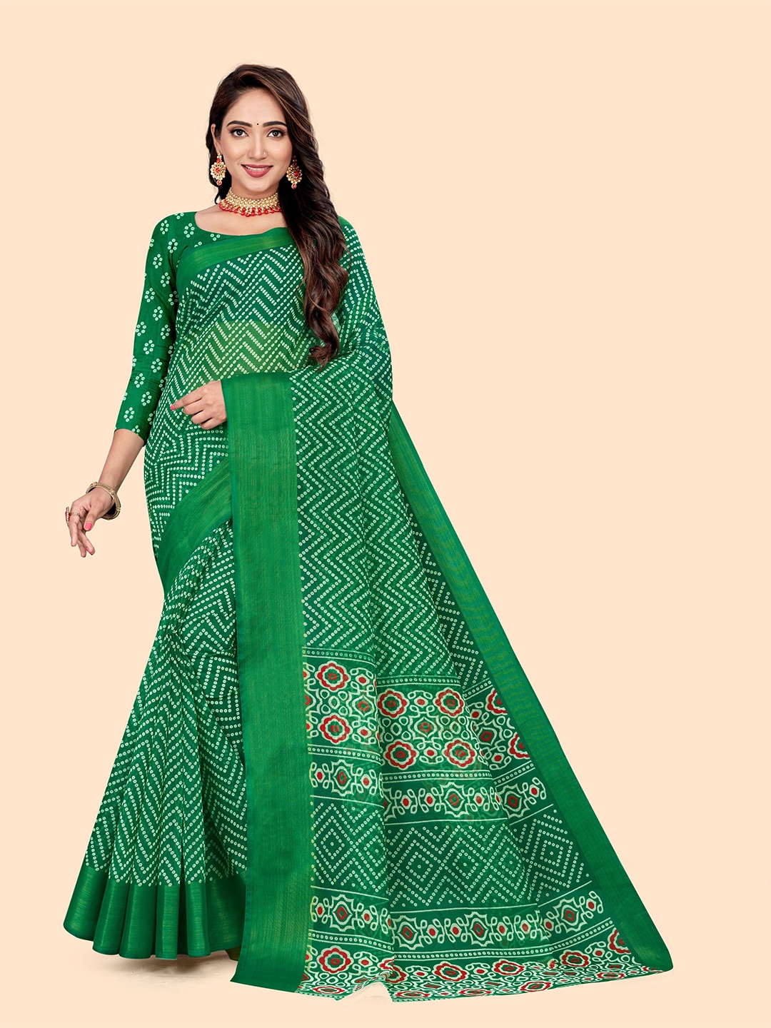 

Dori Bandhani Printed Solid Border Saree, Green