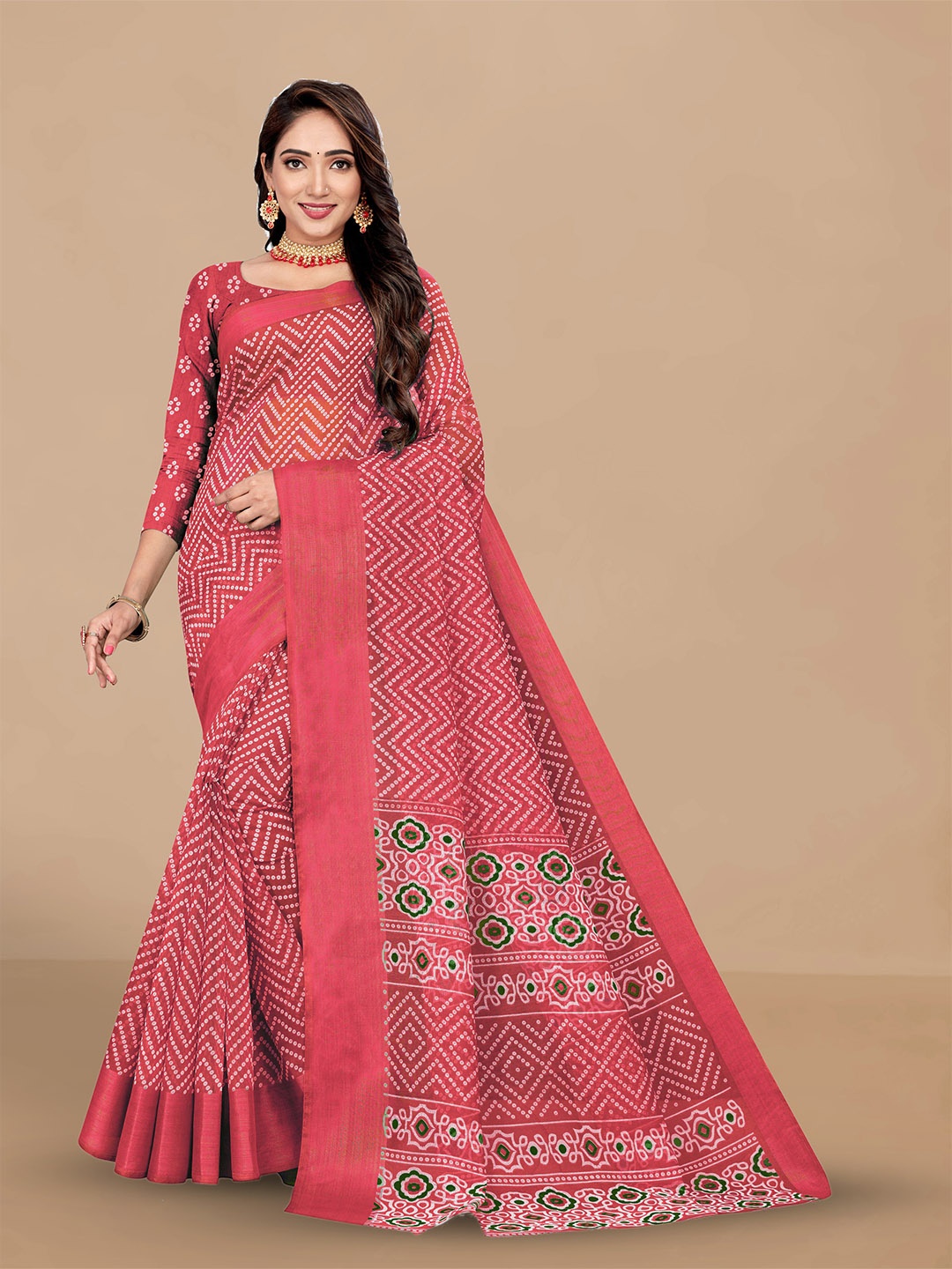 

Dori Bandhani Printed Solid Border Saree, Pink