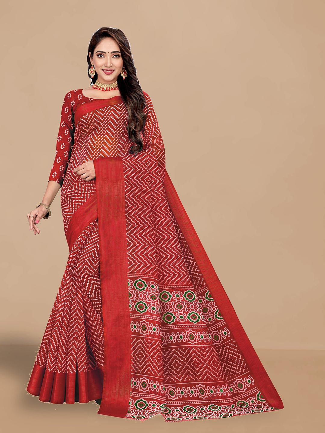 

Dori Bandhani Printed Solid Border Saree, Red